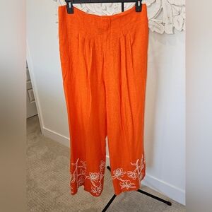 NWT Alex Marie Tangerine Comfortable Wide Leg Pants w/Ivory Floral Embroidery 14